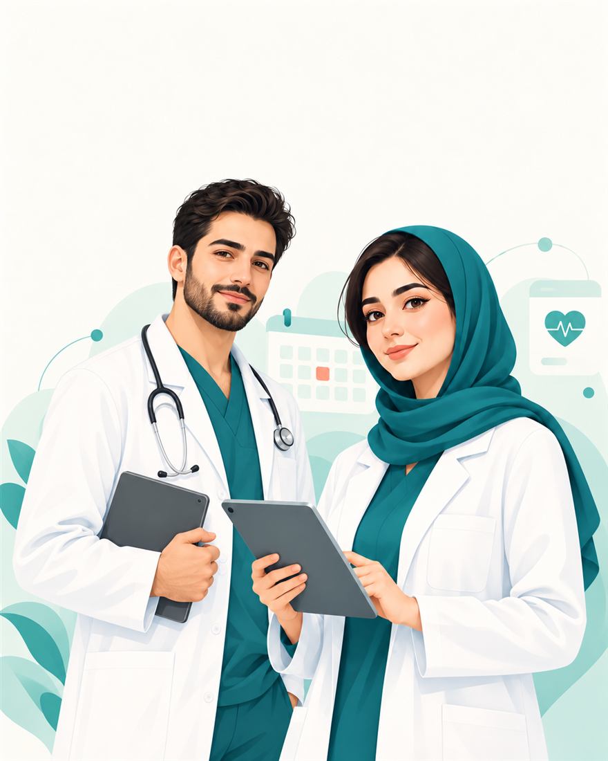 پزشک در حال مدیریت نوبت‌های مطب با تبلت