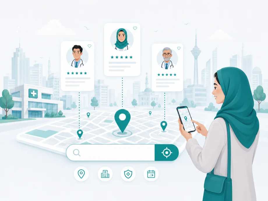 راهنمای تصویری پیدا کردن پزشک و مرکز درمانی بر اساس شهر