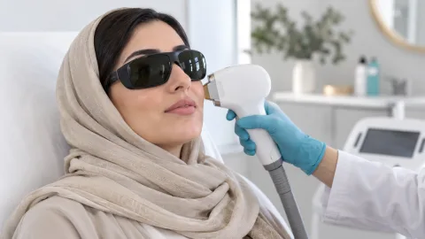 لیزر صورت با عینک محافظ در محیط کلینیکی