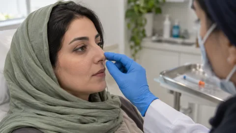 معاینه بینی پیش از تزریق آنزیم در کلینیک