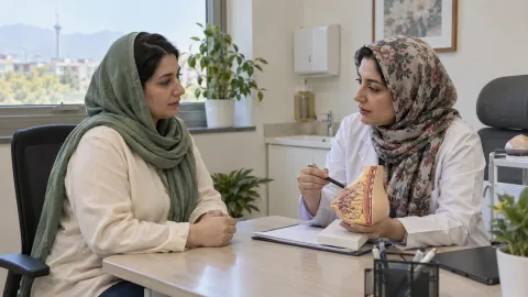 مشاوره ماموپلاستی با توضیح پزشک روی مدل آناتومیک سینه