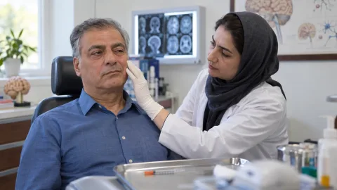 معاینه صورت برای درمان همی‌فاسیال اسپاسم با بوتاکس